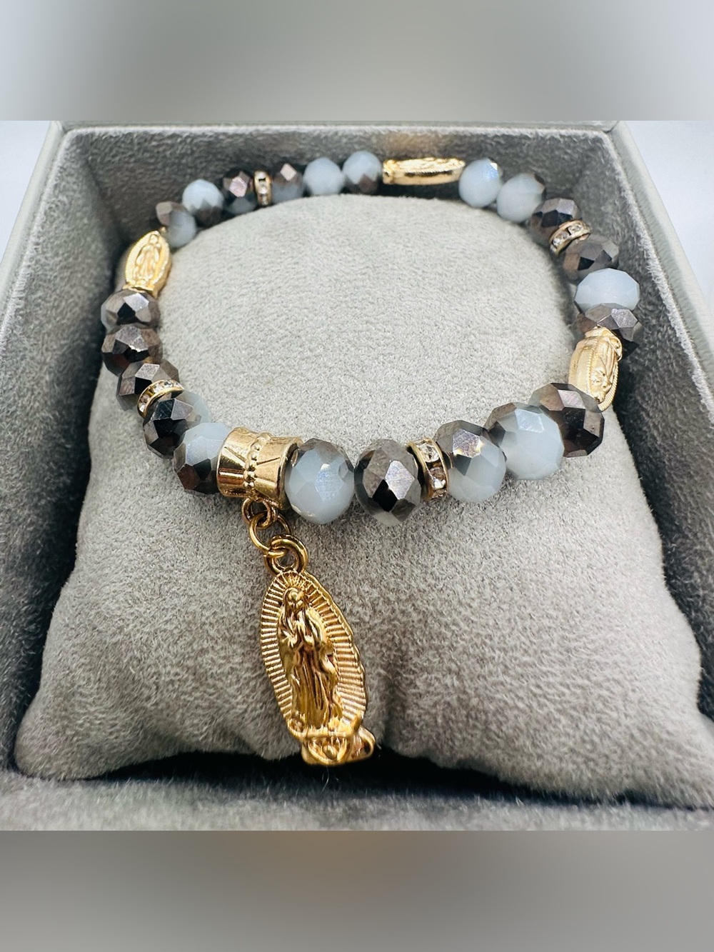 Gray and Gold faceted bead with Virgin Mary Charm Stretch Bracelet
